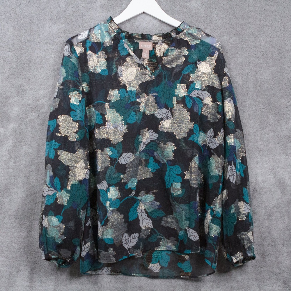 CHICOS Metallic Jacquard Semi-Sheer Blouse Long‎ Sleeve Top Leaf Print Sz 1/M/8